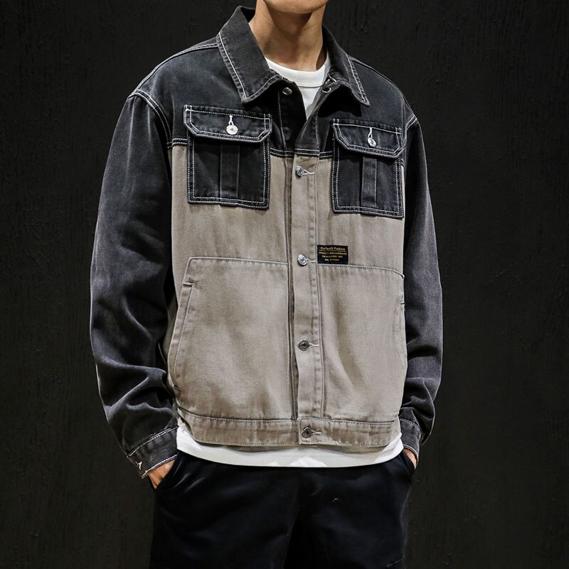 stitching denim jacket, layered stitching loose youth street Cargo jeans jacket coat hip-hop big size 5XL