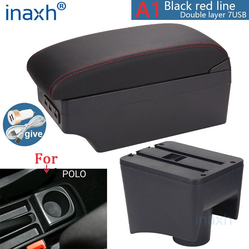 Für Volkswagen Polo Armlehne neue Für VW Polo Mk5 6R Vento Auto Armlehne Kasten Innen Teile Lagerung Kasten Auto Zubehör -2018USB: A1 Schwarz rot  7USB