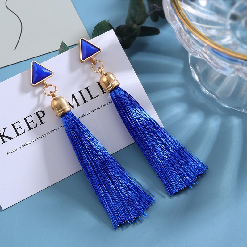 Bohemian Tassel Earrings for Women Cotton Silk Fabric Long Fringe Dangle Earrings Party Female Jewelry: Blue 2