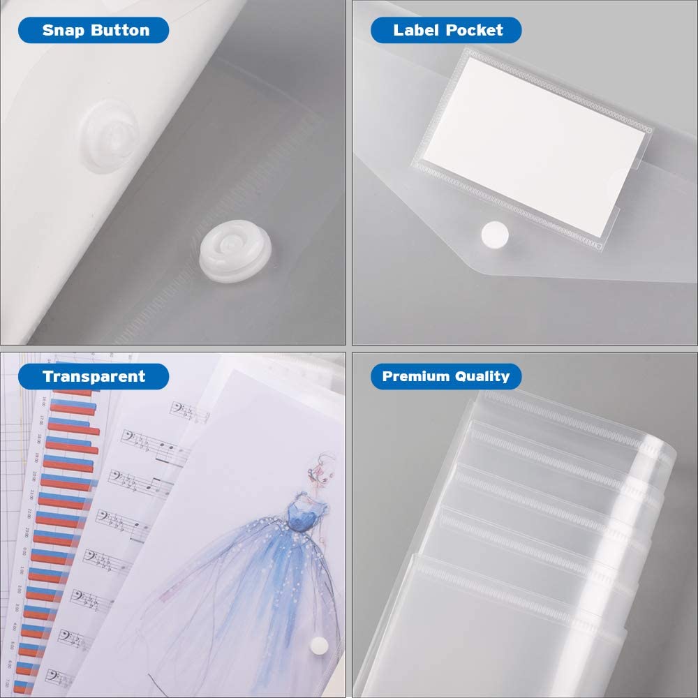 A4 Size Transparent File Envelopes with Label Pocket, Snap Closure Clear Filing Envelopes for School/Home/ Office Organization
