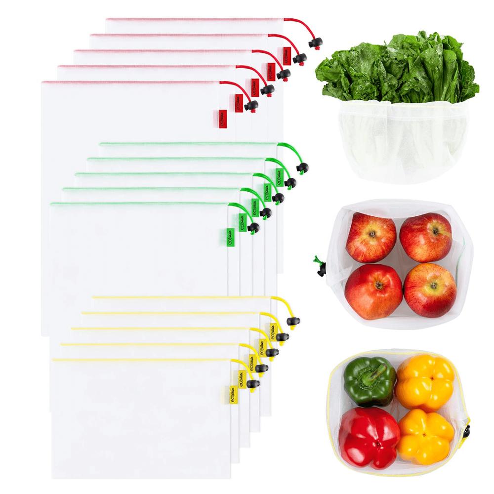 15 Pack Reusable Mesh Produce Bags Washable Eco Friendly Lightweight Bags for Grocery Shopping Storage Fruit Vegetable Net Bag: Transparent