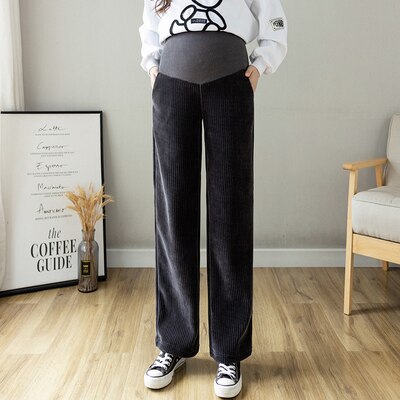 Pantalones de maternidad de pana gruesa y cálida para el embarazo, pantalón de maternidad de pierna ancha, cintura elástica suelta, vientre recto, n. ° 1512: Gris oscuro / XXL