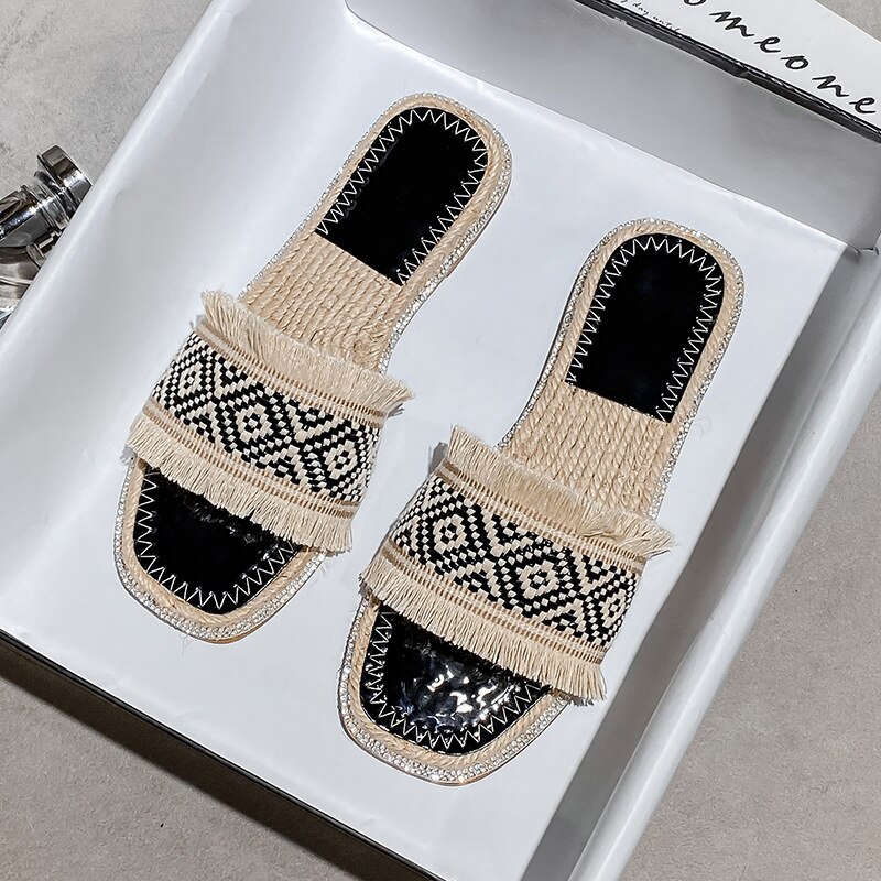 Straw woven slippers outer wear flat bottom sandals: black / 41(255mm)
