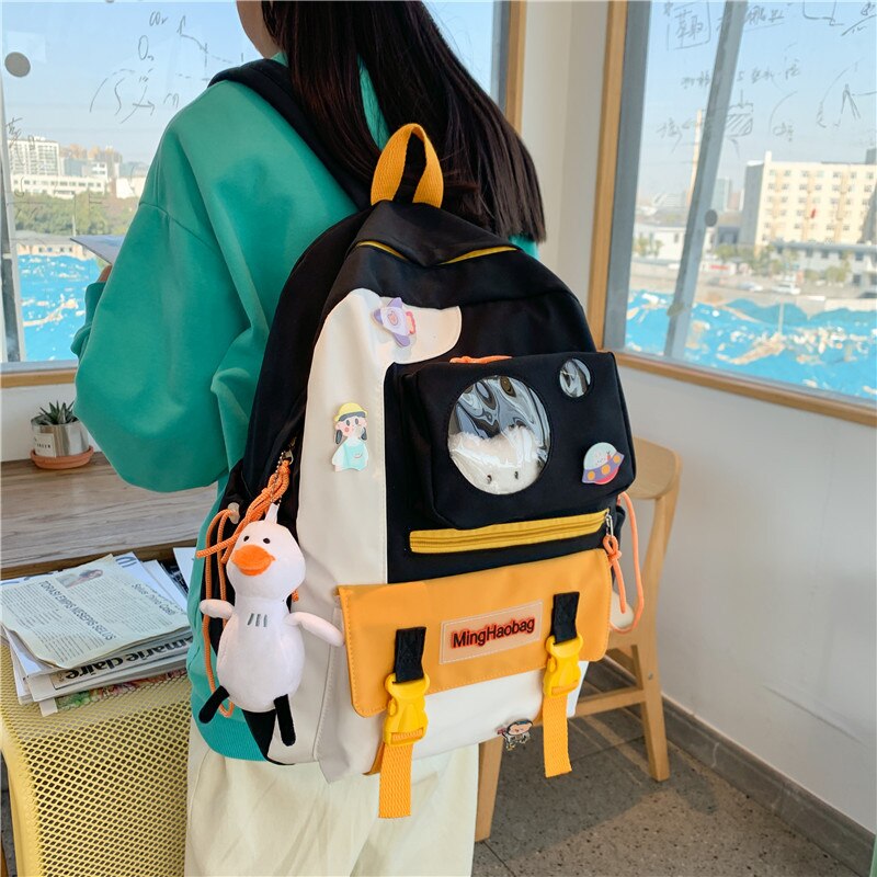 Kawaii Nylon Vrouwen Rugzak Mode Waterdichte Rugzak Voor Tienermeisjes Schooltas Leuke Student Boekentas Reizen Mochila: black / with duck cat pendan