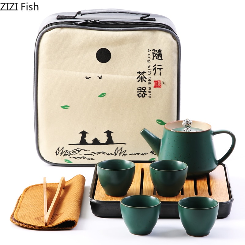 Japanse Stijl Mini Thee Set Draagbare Reizen Kung Fu Thee Set Een Pot En Vier Kopjes Met Lade Keramische Theekopje maak Theepot