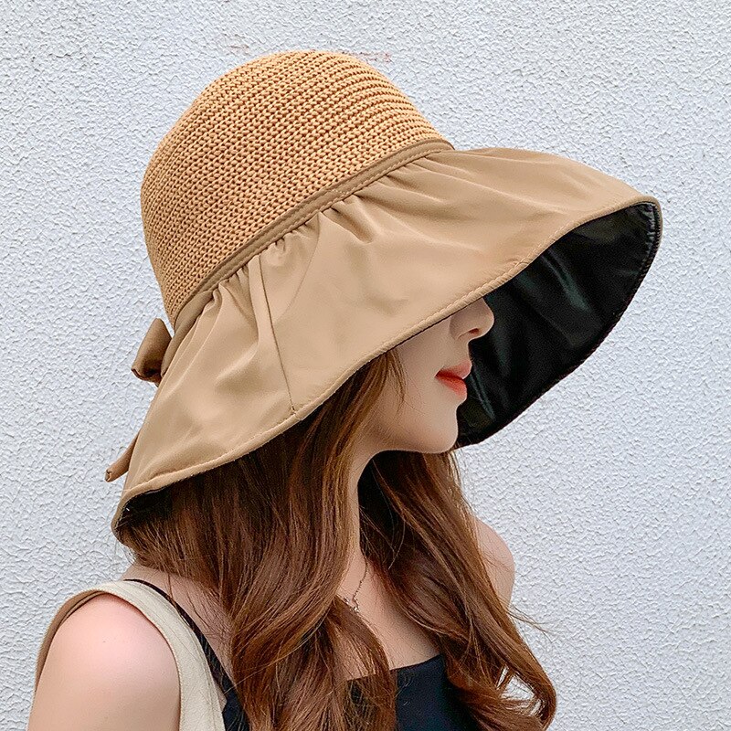 Sun Hats for Women Summer Black Glue Bow Female Panama Hollow Straw Hat UV Protection Big Brim Face Sunscreen Sun Bucket-Hats: Khaki