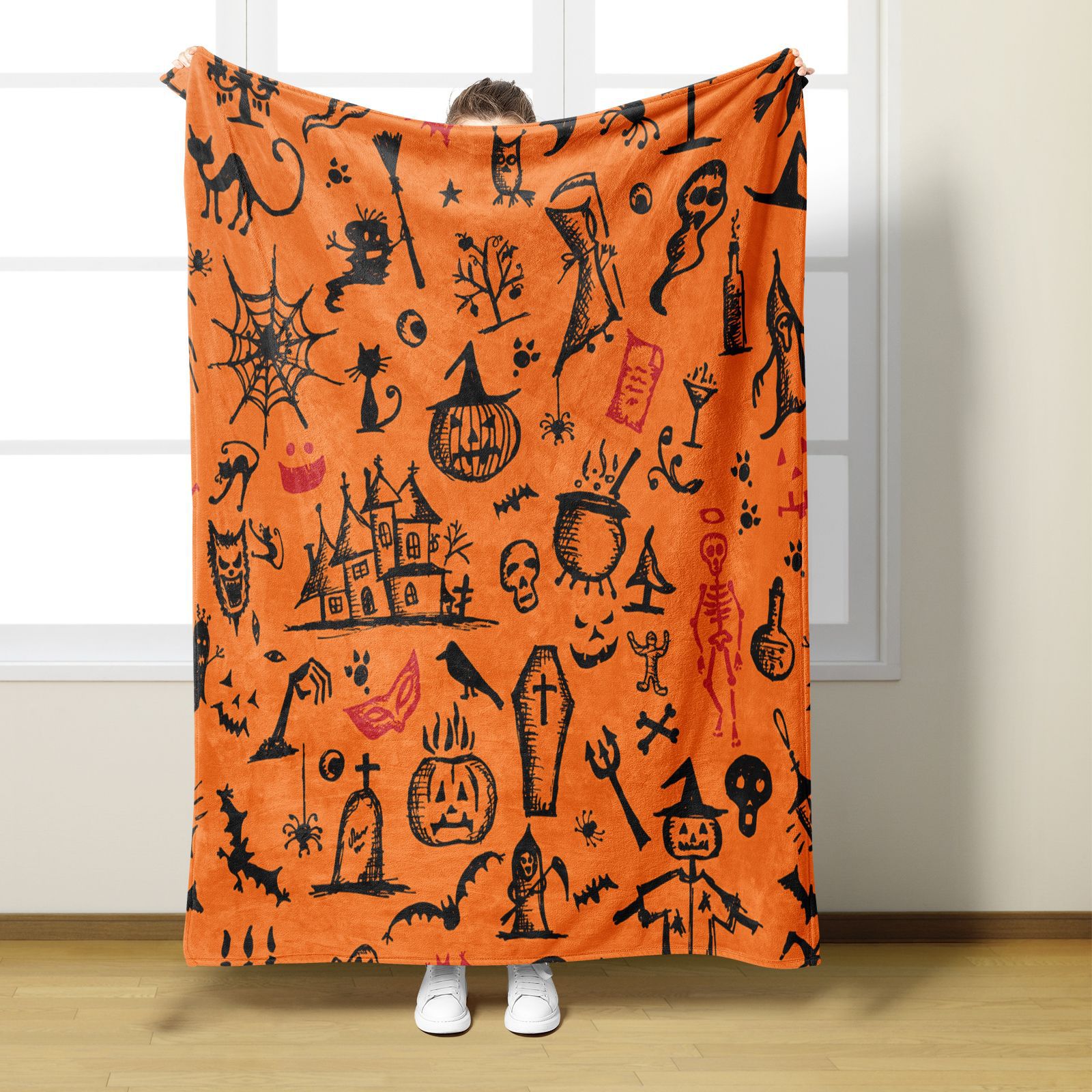 Orangefarbene Halloween-Flanelldecke für Höhle Winter, warm, weich, Karikatur-Kürbis, Digital bedruckt, Überwurfdecken für Sofa, Bettdecke: 100x140cm / Braun