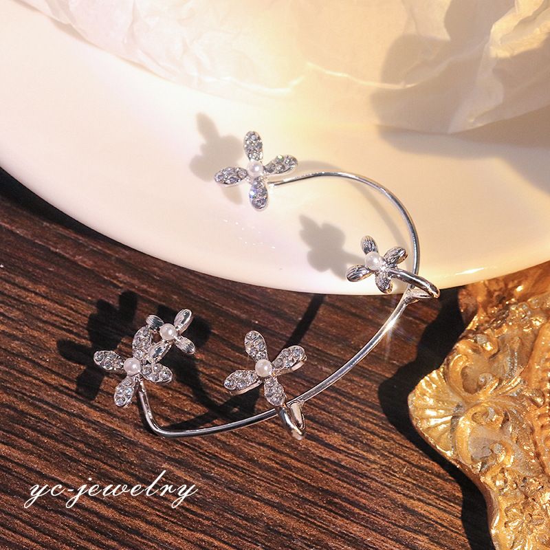 ZDMXJL Süße Inlay Zirkon Perle Blume Ohr Knochen Clip frauen Ohrringe Ohr Manschette für Dame Schmuck Keine durchbohren Ohr Clip: Silber- links Ohr