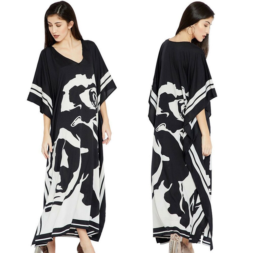 Zwarte Bloemen Print Beach Cover Up Sneldrogende Bohemian Print V-hals Zomer Jurk Strand Tuniek Vrouwen Beachwear Kaftan