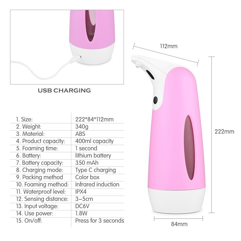 Automatic Soap Dispenser USB Infrared Motion Sensor Waterproof Pressless Foaming Soap Dispenser for Home Bathroom