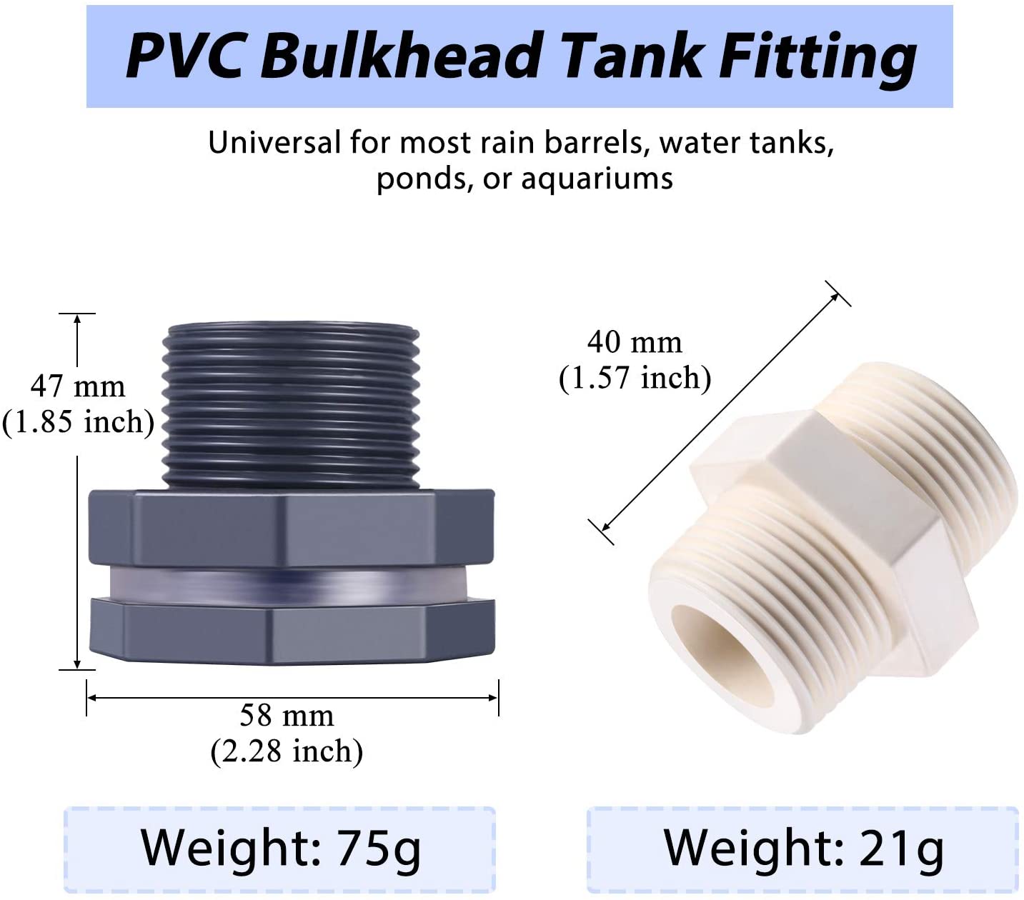 3/4 Inch PVC Bulkhead Fitting and Garden Hose Adapter Kit for Rain Barrels Aquariums Water Tanks Plastic