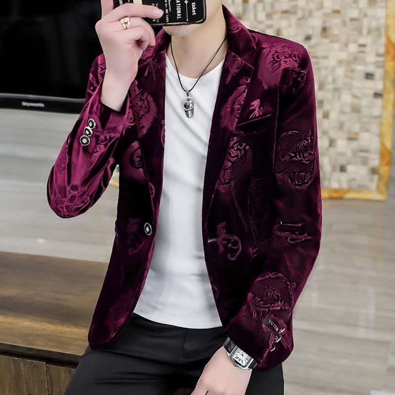Blazer de luxe en velours pour homme, veste de costume, décontractée, Slim, tenue de bureau, Streetwear, bonne: Bourgogne / XXXL