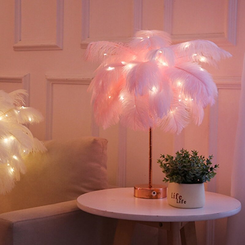 Bricolage plume lampe de Table blanc lumière arbre plume abat-jour fille LED mariage lumières décoratives rose