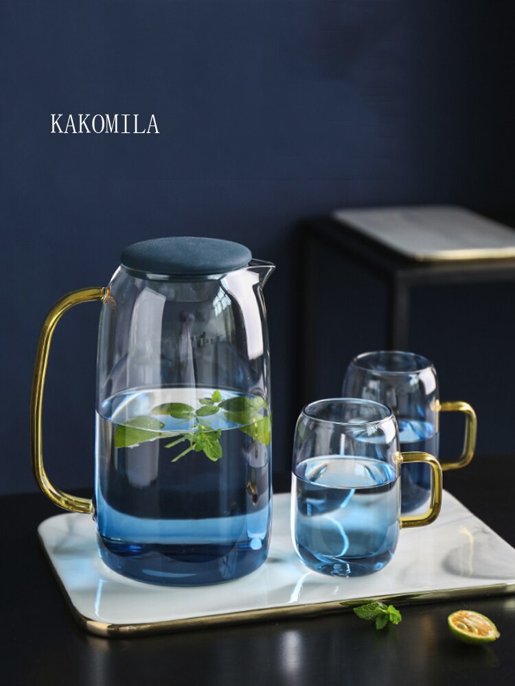 1500Ml Gradiëntkleur Koud Water Glazen Fles Set Met Cover Goud Handvat Koud Water Ketel Glas Water Cup thuis Drinkware