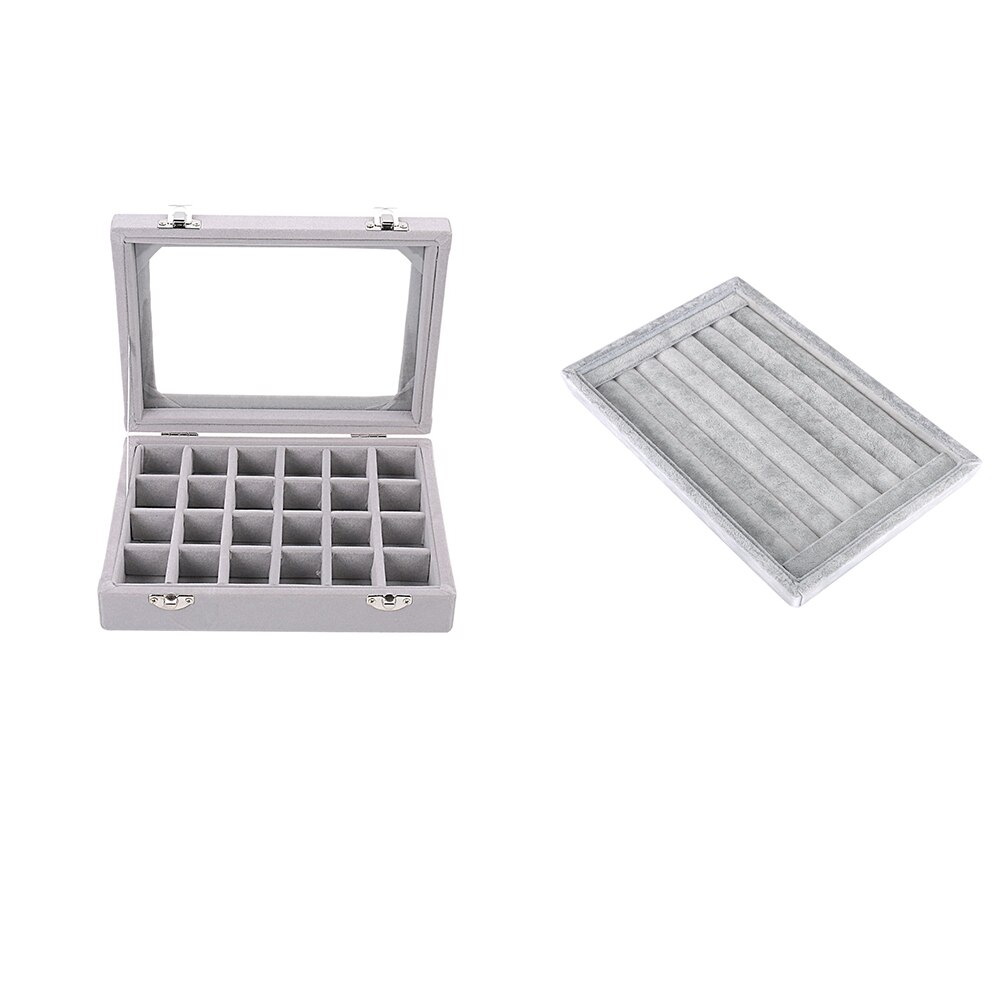 Earring Storage Case 24 Grids & 7 Slots Ring Velvet Display Case Box Ring Organizer Jewelry Tray Showcase Clear Glass Lid-Gray