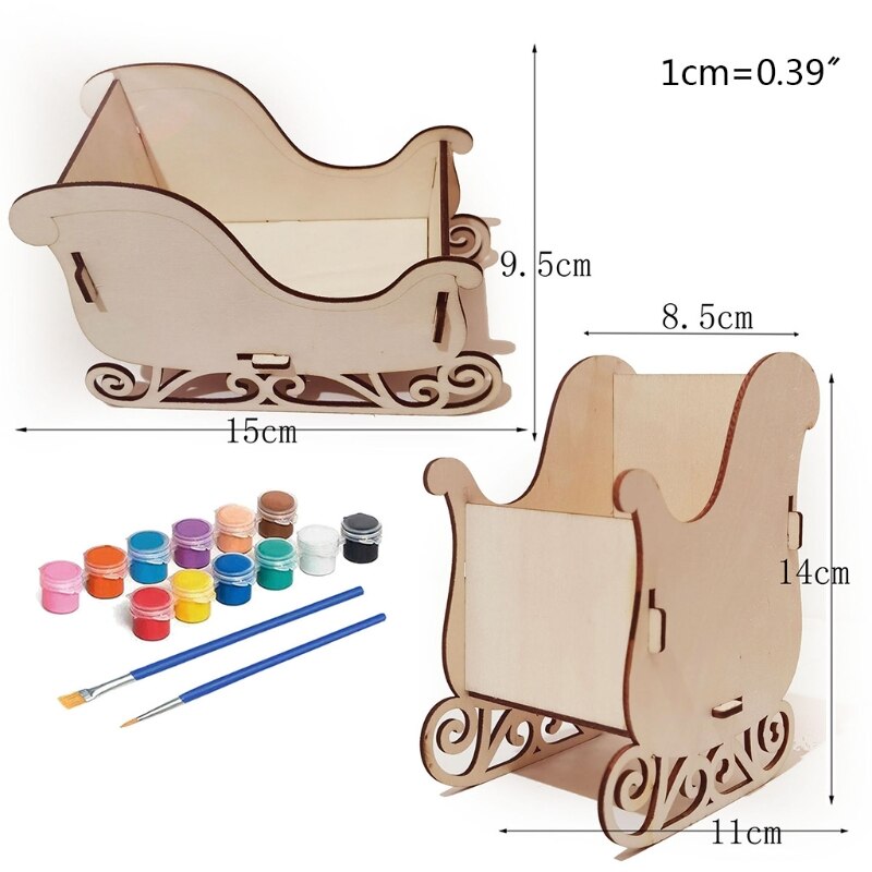 DIY Christmas Sleigh Decoration Kit with Paints Brushes Wooden Art Craft for Kid 203C