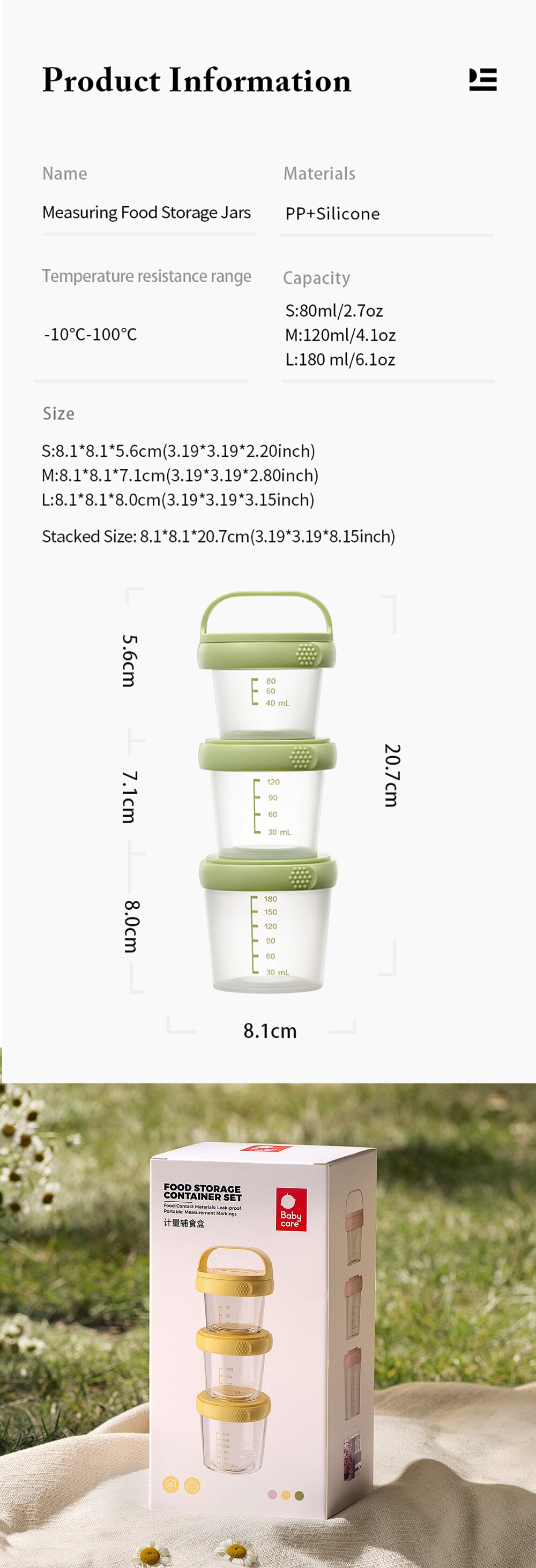 Bc Babycare-tarros de almacenamiento de alimentos para bebé, caja apilada de PP pequeños a prueba de fugas, reutilizable, con tapas, 3 piezas, 2,7/4,1/6,1 oz