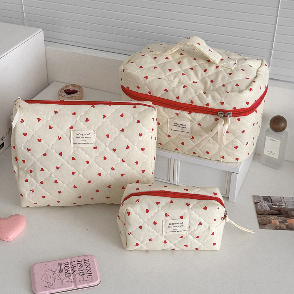Ins Heart Women Quilting Makeup Bag Large Capacity Toiletry Cosmetic Storage Pouch Handbag Ladies Zipper Makeup Bag