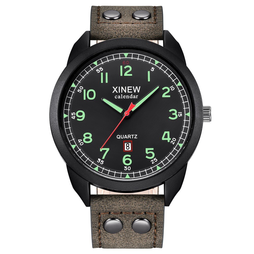 Xinew Men Watch Leather Strap Band Date Quartz Wrist Watch Round Dial For Men Roman Men's Watches Outdoor Clock: P