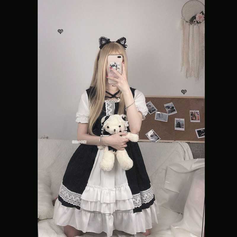 Vestido de mucama Kawaii Lolita, ropa gótica rosa para de cumpleaños, manga abombada, Harajuku japonés, con volantes y cordones, suave: Negro