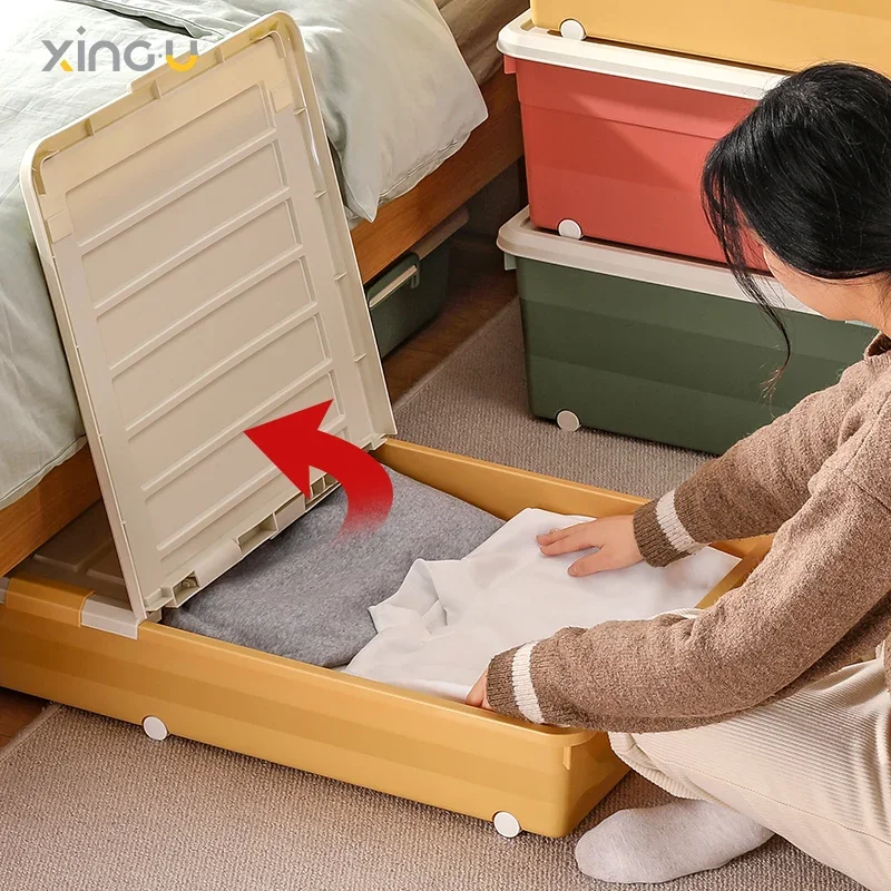 Multi-specification Foldable Plastic Storage Box with Wheels Under Bed - Large Capacity Bedroom Clothes and Toys Organizer