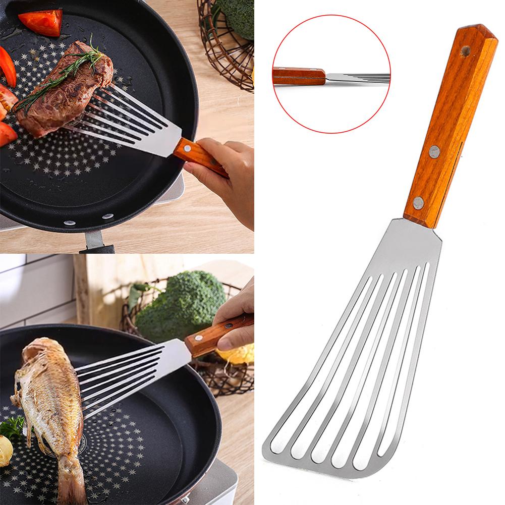 Halkfritt rostfritt stål stekspatel läckande spade fiskskiva köksredskap trä halkfri rostskydd perfekt för vardagligt bruk