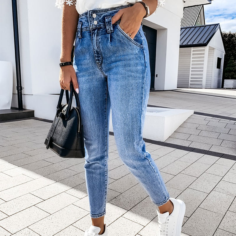 Women's Blue High Waist Pencil Jeans Slim Button Pockets Ladies Denim Pants Autumn Vintage Streetwear Trouser Female Bottom