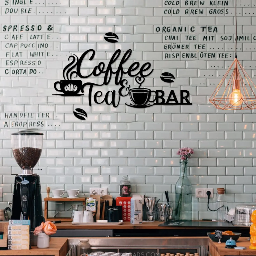Kaffeebar-Schild aus Metall, Wanddekoration – Kaffee- und Teebar-Kunst mit Bohnen, perfekt für sterben Wanddekoration zu Hause, in der Küche oder Ich bin Büro