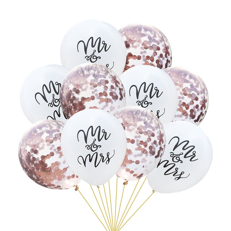 10 Pcs 12 Inch 10 Inch Latex Mr Mrs Brief Gedrukt Ballonnen Confetti Glitter Shiny Wedding Party Engagement Decoraties: rose gold