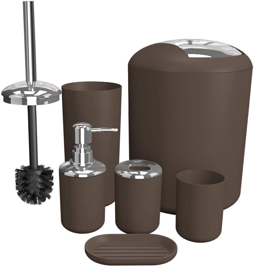 Ensemble d'accessoires de salle de bain, Ensemble d'accessoires de salle de bain, porte-savon, poubelle, brosse de toilette, gobelet, Kit de produits de première nécessité, 6 pièces: Brown