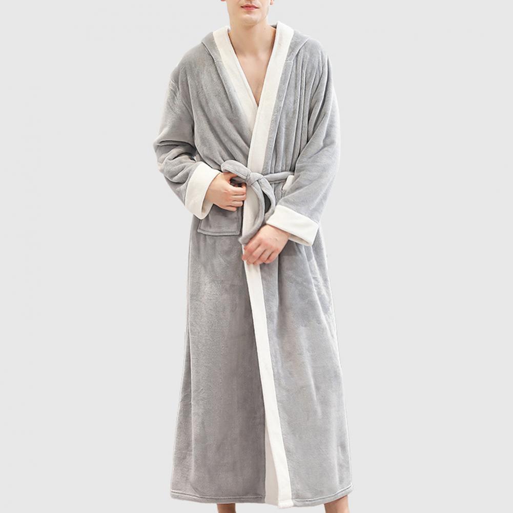 Men Sleepwear Autumn Winter Flannel Long Sleeve Maxi Bathrobe Pockets Hooded Nightgrown Mens Warm Thick Casual Robe Plus Size