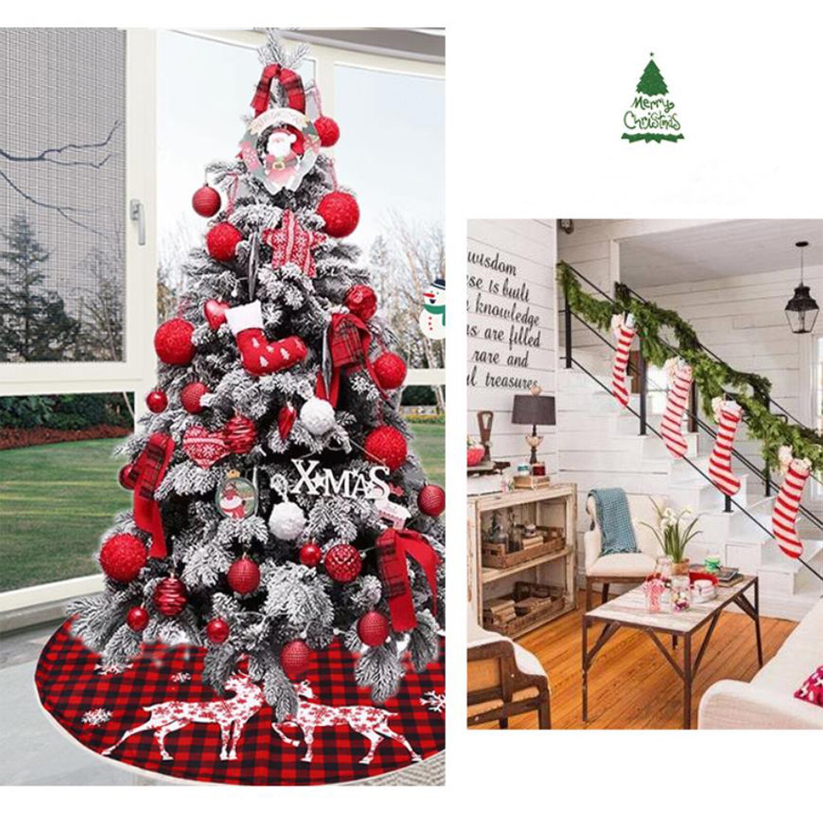 Juletræsnederdel, store buffalo plaid xmas træmåtter med snefnug rensdyrsprint til dekoration til hjemmefest