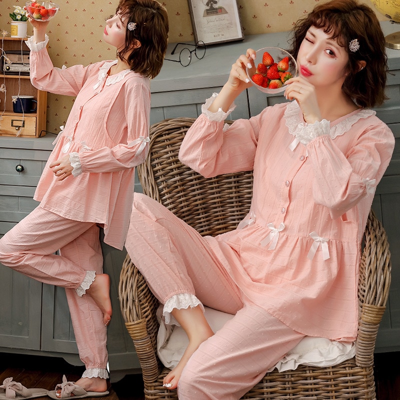 Mooie Leuke Moederschap Pyjama 2 Delige Set Kant Patchwork Borstvoeding Shirts + Verstelbare Buik Broek Outfits Zwangere Nachtkleding