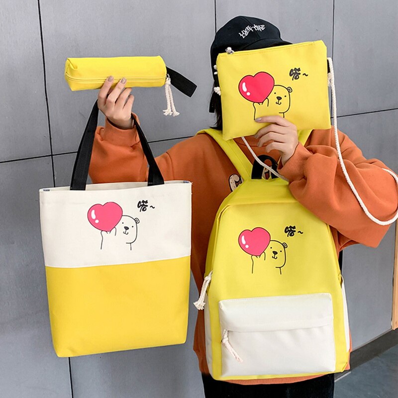 filles toile quatre pièces grande capacité sac à dos contraste couleur décontracté sac à dos sacs d'école pour les femmes Schulrucksack