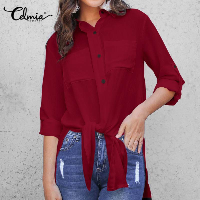 Revers Nacken Blusen Frauen Lange Hemden Celmia Frühling Sommer Unregelmäßigen Saum Teilt Tunika Spitzen Elegante Blusas Plus Größe