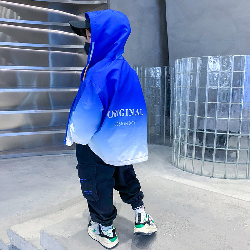 Voorjaar 2022 Trend Reflecterende Brief Afdrukken Capuchon Kids Jongen Casual Losse Zip Hoodies Kinderen Sport Uitloper