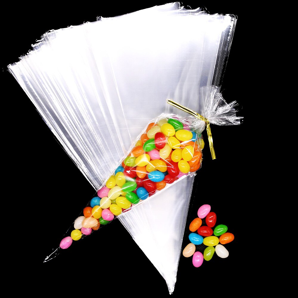 100Pcs Diy Clear Cellofaan Verpakking Zak Transparante Kegel Snoep Tas Voor Bruiloft Verjaardagsfeestje Gunsten Zak Popcorn Plastic Zak