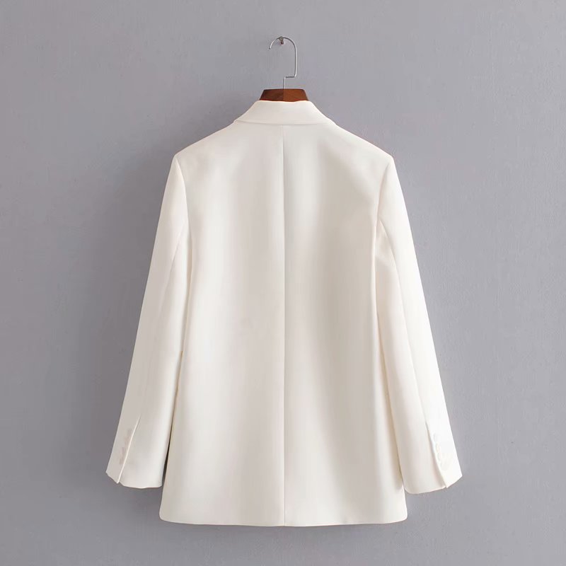 Za chaqueta de mujer con cuello doblado sólido doble pecho bolsillo Casual chaqueta suelta Femme blanco ropa de oficina prendas de vestir abrigo