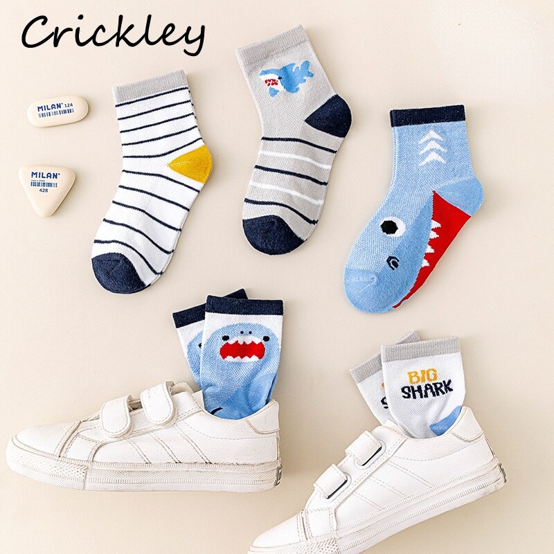 5Pairs/lot Cartoon Shark Children&#39;s Cotton Socks Spring Summer Mesh Boys Socks Soft Thin Breathable Kids Short Sock 1-13T