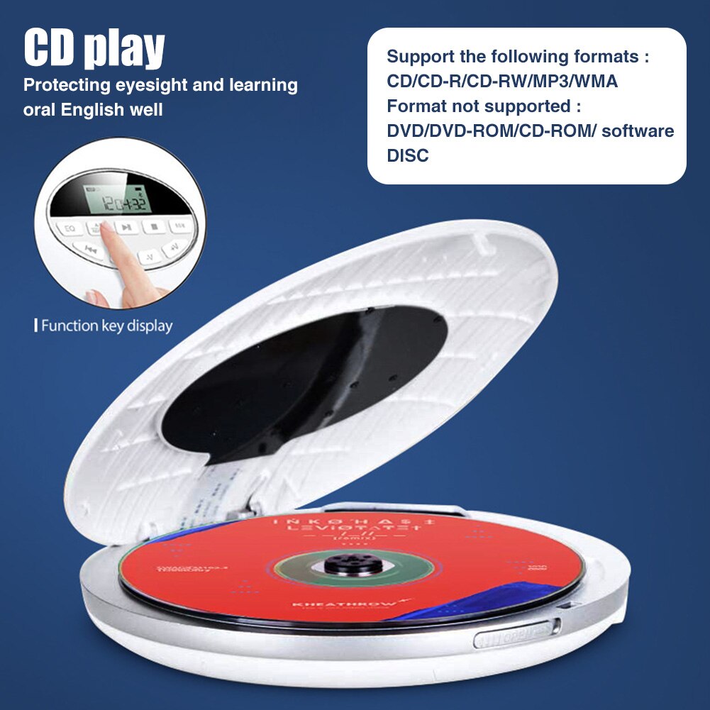 Tragbarer cd-player mit lcd-display, usb- und aux-anschluss, batteriebetrieb, 3.5mm klinkenbuchsen, klein und kompakt, unterstützt tf-karten, autoradio, anti-skip-funktion, rund