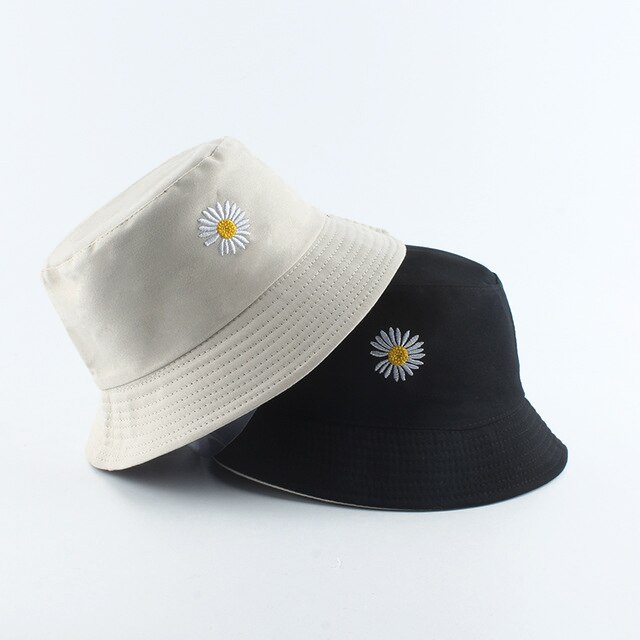 neue Koreanische Rosa Kuh Druck Eimer Hütte Frauen reversibel Angeln Kappe Bob Chapeau Herbst Sommer: Beige Schwarz Gänseblümchen