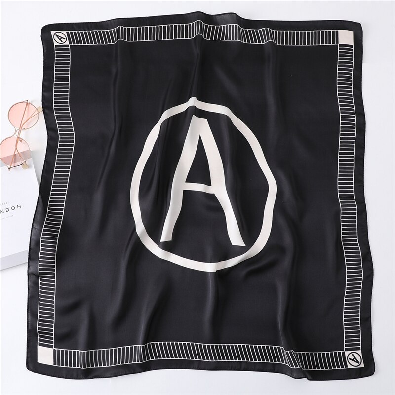 Pañuelo de seda con letras A la para mujer, pañuelo para el pelo para mujer, accesorios para mujer, pañuelos para la cabeza, chales y envolturas: FJ258-Black