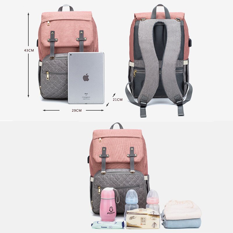 LEQUEEN USB Diaper Bag Large Capacity Nappy Bag Organizer with Changing Pad Backpack Mommy Bag Baby Stroller Bag
