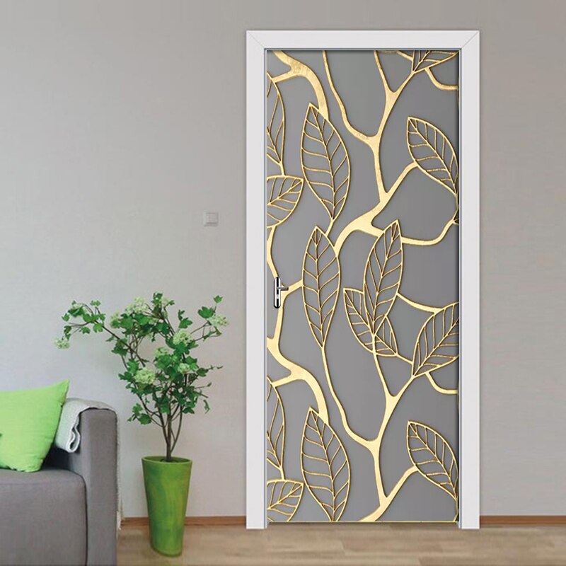 Adhesivo 3D de hojas doradas para puerta, pegatina de decoración para el hogar, papel tapiz autoadhesivo impermeable, Mural para renovación de Puerta del dormitorio