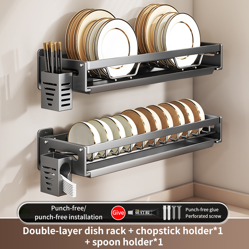 Kitchen Bowl Plate Drying Storage Shelf Wall Mounted Dish Drainer Rack Multifunction Chopsticks Spoon Tableware Dish Holder: DARK GRAY