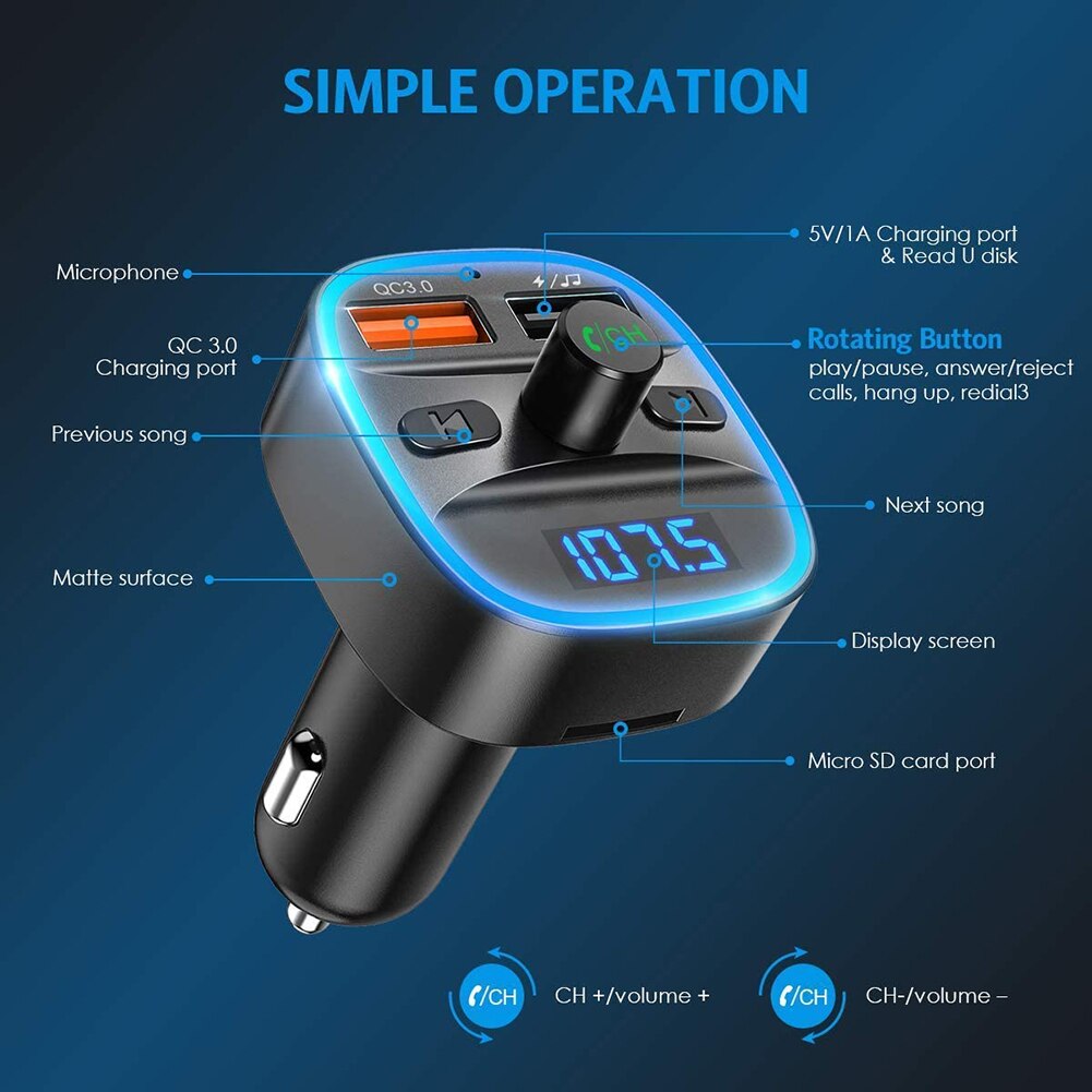 Vodool T25S Auto Bluetooth 5.0 Fm Transmitter Handsfree Carkit Auto MP3 Speler QC3.0 Dual Usb Auto Telefoon Oplader auto Accessoires