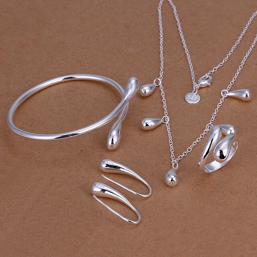 Fijne 925 Sterling Zilveren Sieraden Sets Vrouwelijke Lady Vrouwen Wedding Druppels Ringen Oorbellen Armbanden Ketting Mode-sieraden Set S219