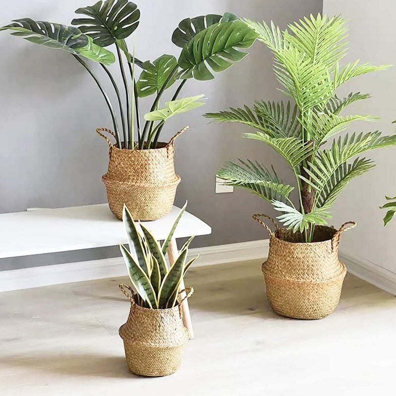 Small Wicker Basket with Handles Seagrass Woven Storage Basket Laundry Toys Picnic Basket Foldable Belly Organizer