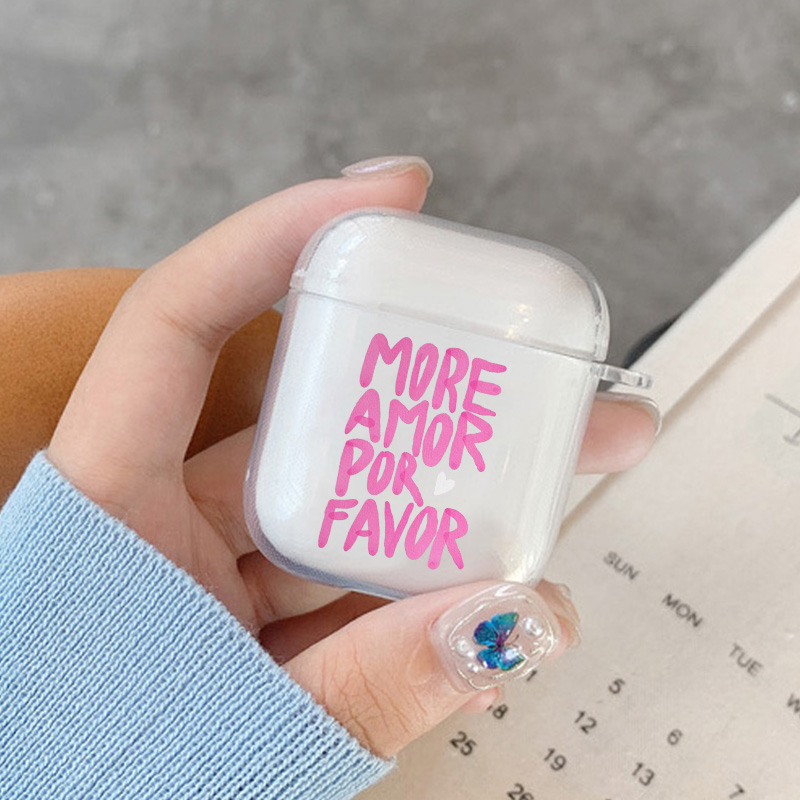 Étui pour écouteurs Apple Airpods 4 3 2 1, coloré, maximaliste, plus Amor Por Favor, lettre rose, couverture souple et transparente pour Airpod Pro 2nd: S / IVOIRE