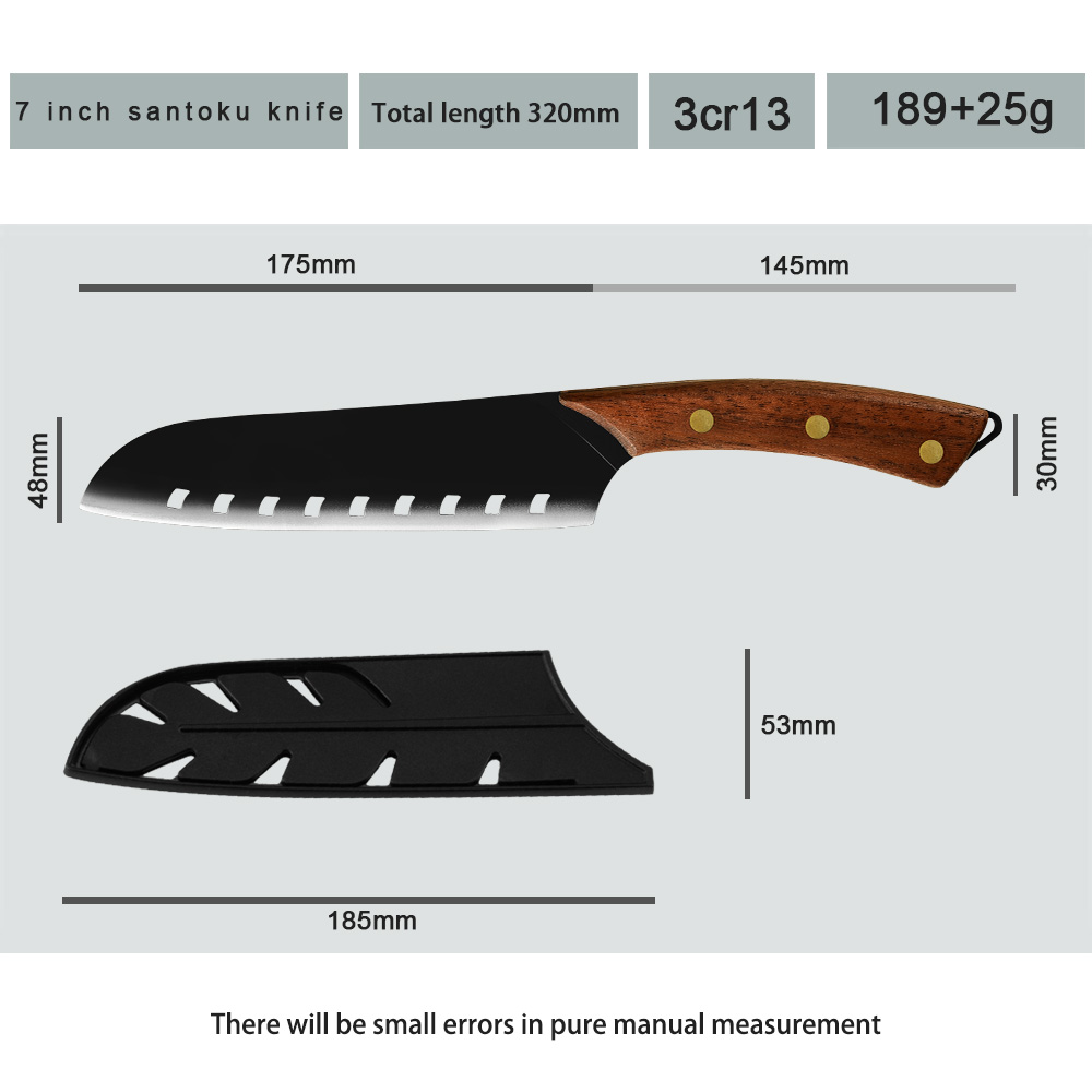 Damask Stainless Steel 5PCS Black Matte Hollow Blade Kitchen Knife Set Chef Knife Slicing Knife Wood Handle Kitchen Cleaver: 7 inch santoku